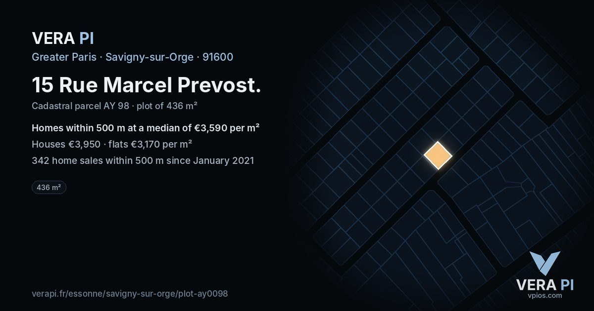 15 Rue Marcel Prevost, Savigny-sur-Orge at night – the plot lit, the parcels around coloured by the prices near them