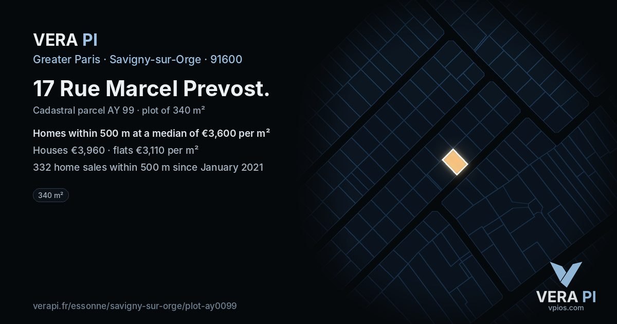 17 Rue Marcel Prevost, Savigny-sur-Orge at night – the plot lit, the parcels around coloured by the prices near them