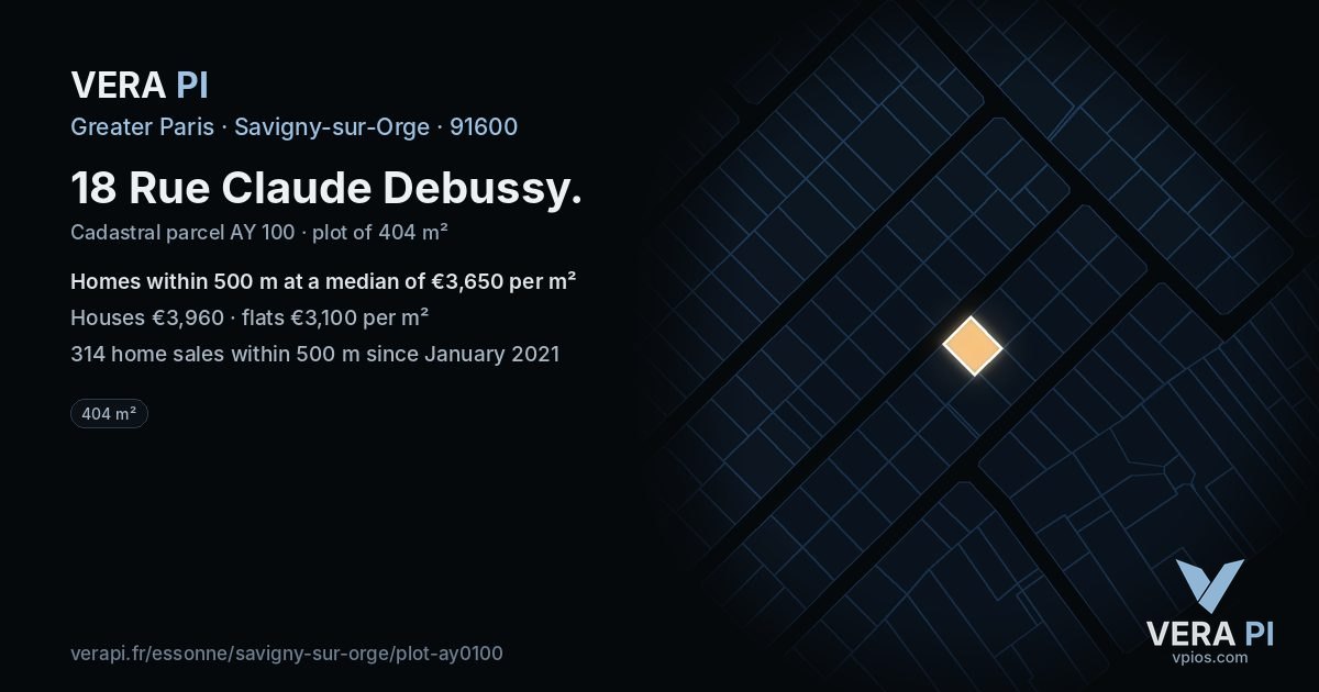 18 Rue Claude Debussy, Savigny-sur-Orge at night – the plot lit, the parcels around coloured by the prices near them