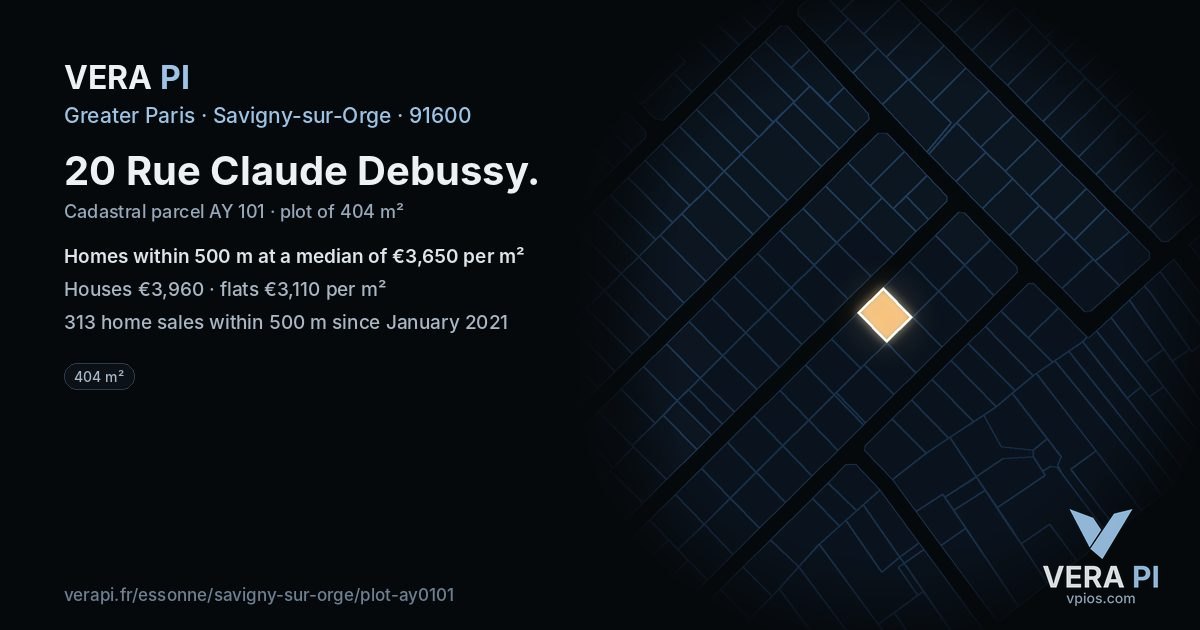 20 Rue Claude Debussy, Savigny-sur-Orge at night – the plot lit, the parcels around coloured by the prices near them