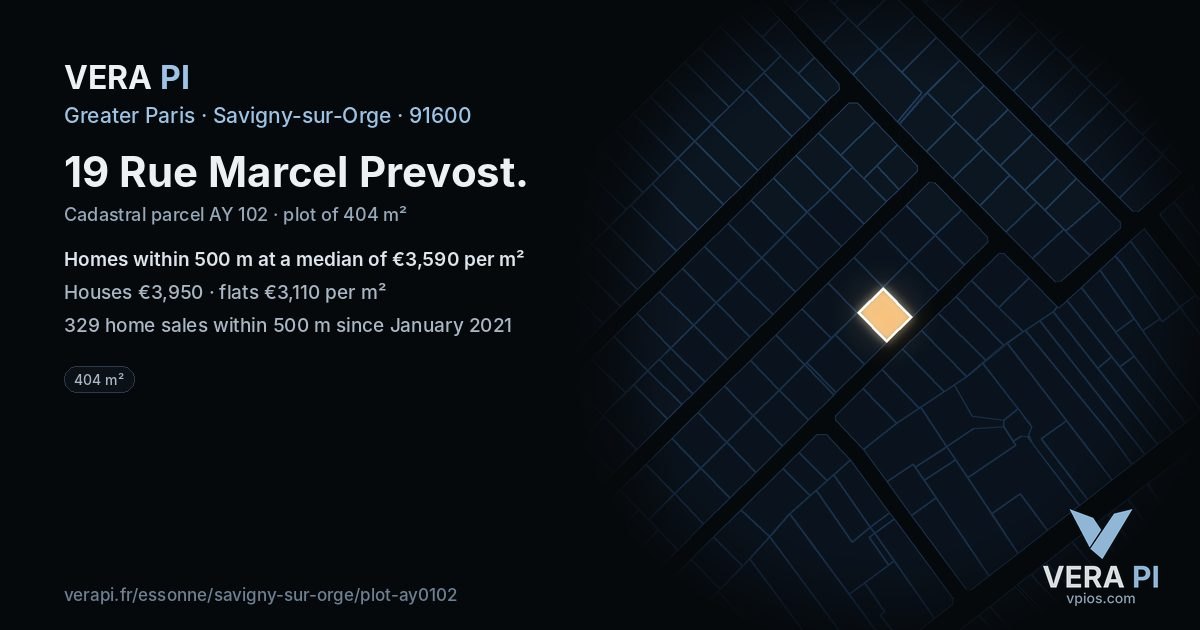 19 Rue Marcel Prevost, Savigny-sur-Orge at night – the plot lit, the parcels around coloured by the prices near them