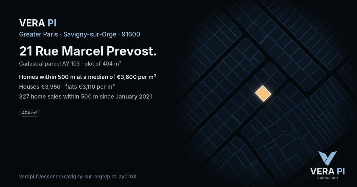 21 Rue Marcel Prevost, Savigny-sur-Orge at night – the plot lit, the parcels around coloured by the prices near them