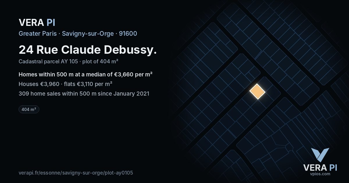 24 Rue Claude Debussy, Savigny-sur-Orge at night – the plot lit, the parcels around coloured by the prices near them