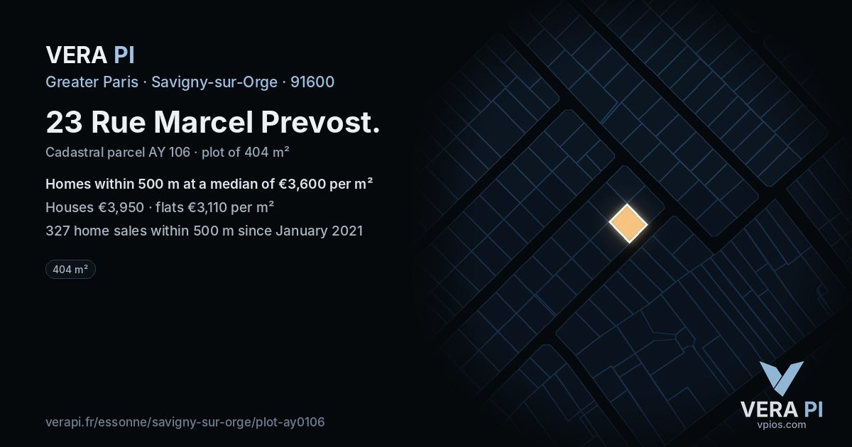23 Rue Marcel Prevost, Savigny-sur-Orge at night – the plot lit, the parcels around coloured by the prices near them