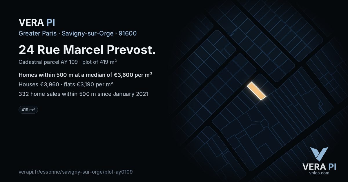 24 Rue Marcel Prevost, Savigny-sur-Orge at night – the plot lit, the parcels around coloured by the prices near them