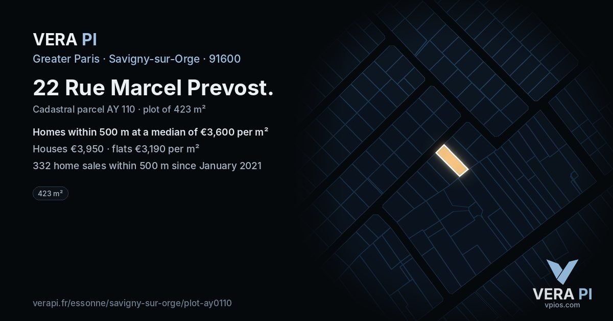 22 Rue Marcel Prevost, Savigny-sur-Orge at night – the plot lit, the parcels around coloured by the prices near them