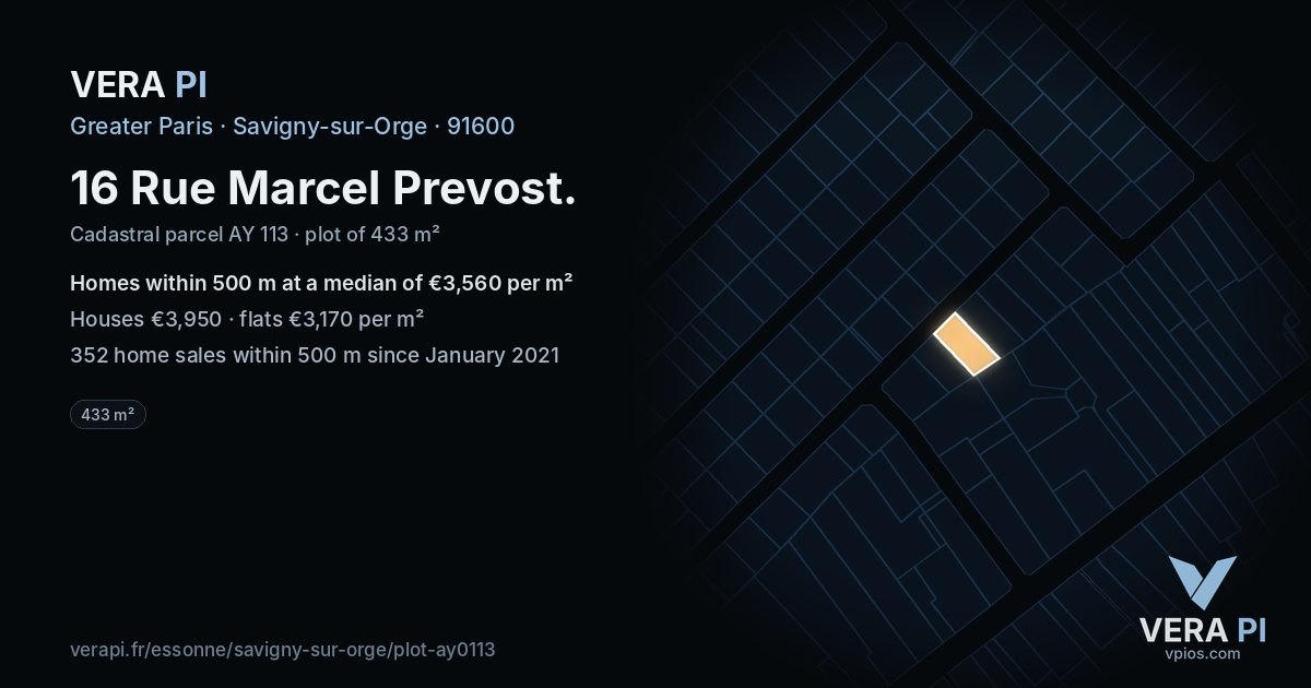 16 Rue Marcel Prevost, Savigny-sur-Orge at night – the plot lit, the parcels around coloured by the prices near them