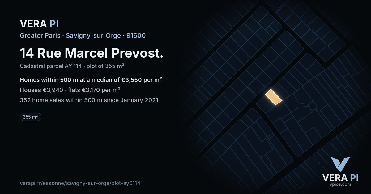 14 Rue Marcel Prevost, Savigny-sur-Orge at night – the plot lit, the parcels around coloured by the prices near them
