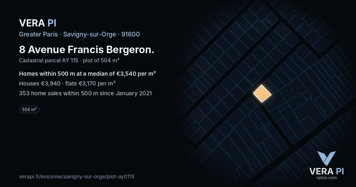 8 Avenue Francis Bergeron, Savigny-sur-Orge at night – the plot lit, the parcels around coloured by the prices near them