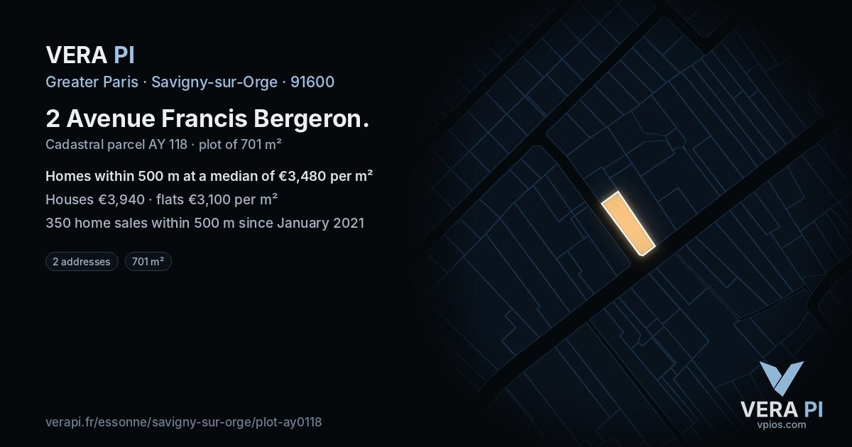 2 Avenue Francis Bergeron, Savigny-sur-Orge at night – the plot lit, the parcels around coloured by the prices near them