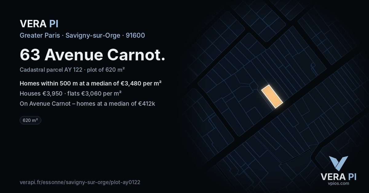 63 Avenue Carnot, Savigny-sur-Orge at night – the plot lit, the parcels around coloured by the prices near them