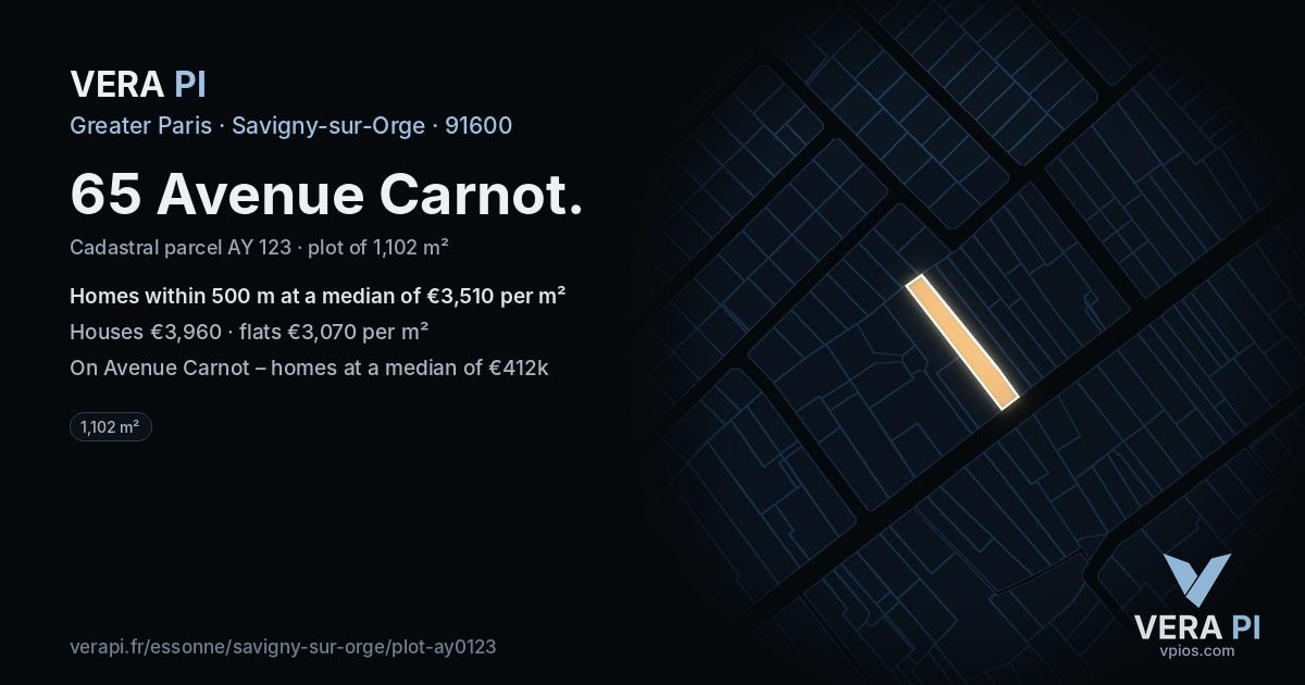 65 Avenue Carnot, Savigny-sur-Orge at night – the plot lit, the parcels around coloured by the prices near them