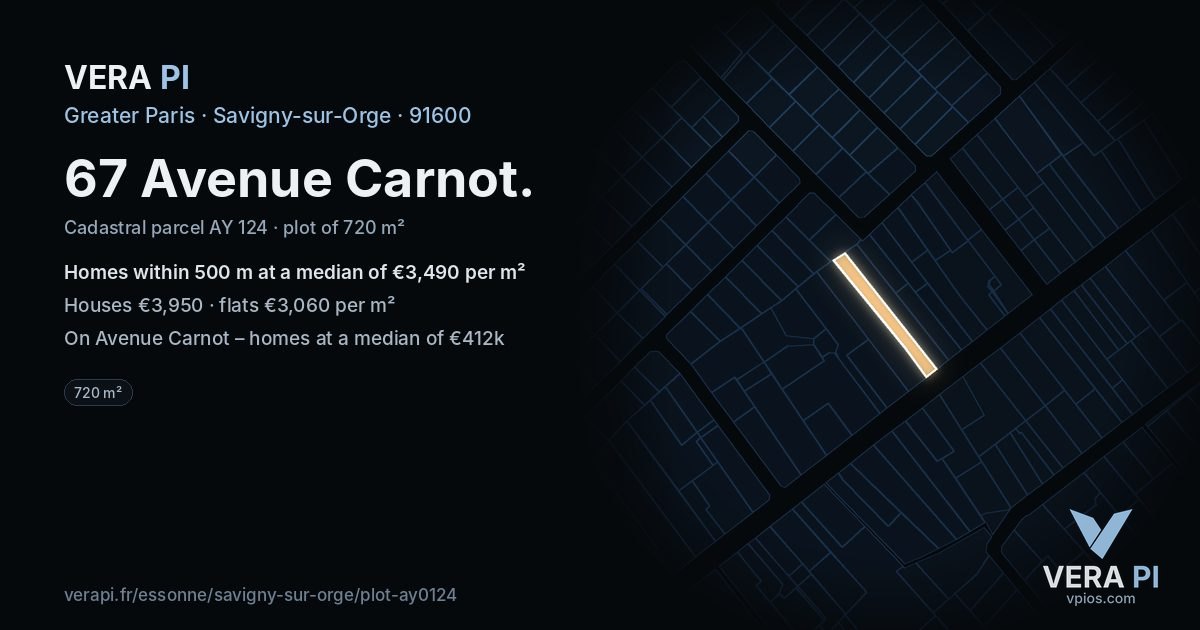 67 Avenue Carnot, Savigny-sur-Orge at night – the plot lit, the parcels around coloured by the prices near them