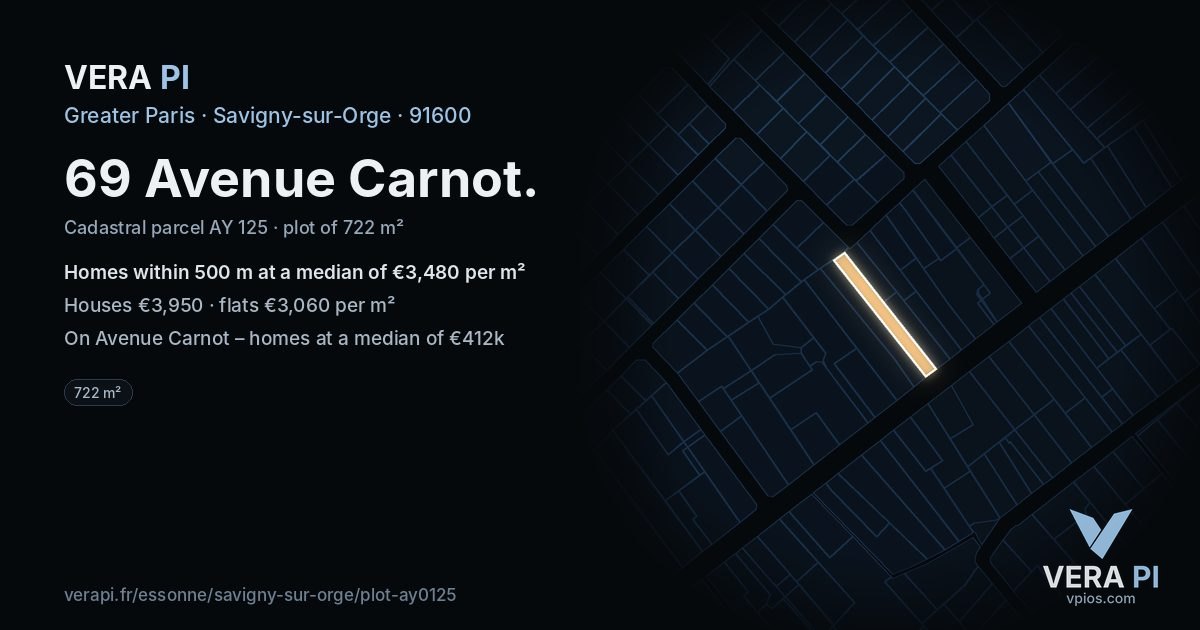 69 Avenue Carnot, Savigny-sur-Orge at night – the plot lit, the parcels around coloured by the prices near them