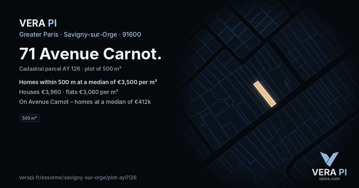 71 Avenue Carnot, Savigny-sur-Orge at night – the plot lit, the parcels around coloured by the prices near them