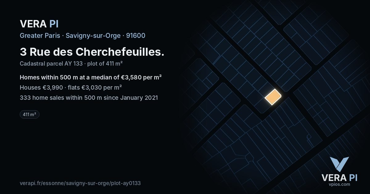 3 Rue des Cherchefeuilles, Savigny-sur-Orge at night – the plot lit, the parcels around coloured by the prices near them