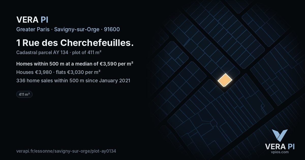 1 Rue des Cherchefeuilles, Savigny-sur-Orge at night – the plot lit, the parcels around coloured by the prices near them