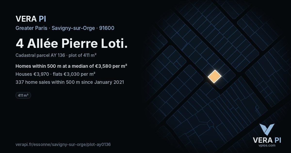4 Allée Pierre Loti, Savigny-sur-Orge at night – the plot lit, the parcels around coloured by the prices near them