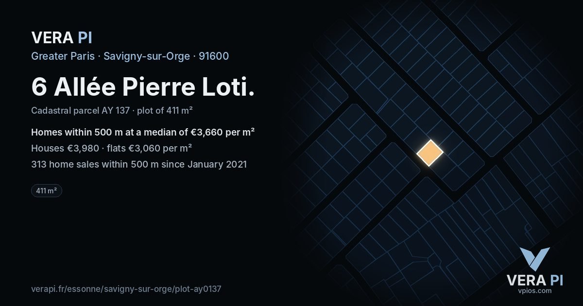 6 Allée Pierre Loti, Savigny-sur-Orge at night – the plot lit, the parcels around coloured by the prices near them