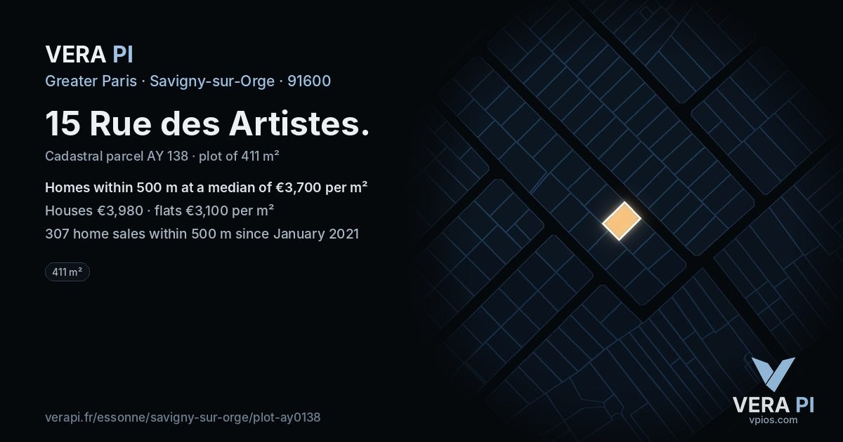 15 Rue des Artistes, Savigny-sur-Orge at night – the plot lit, the parcels around coloured by the prices near them