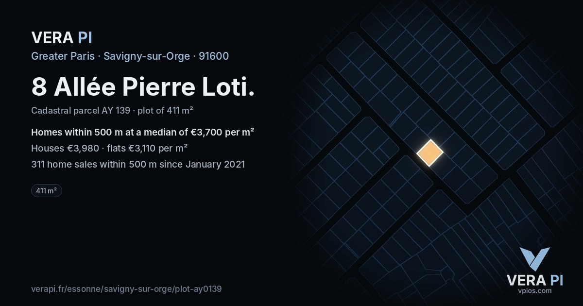 8 Allée Pierre Loti, Savigny-sur-Orge at night – the plot lit, the parcels around coloured by the prices near them