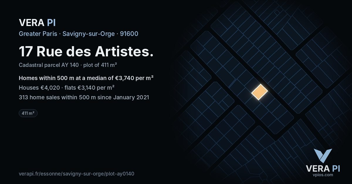 17 Rue des Artistes, Savigny-sur-Orge at night – the plot lit, the parcels around coloured by the prices near them