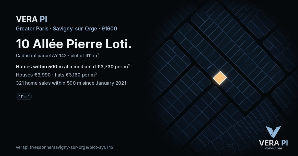 10 Allée Pierre Loti, Savigny-sur-Orge at night – the plot lit, the parcels around coloured by the prices near them