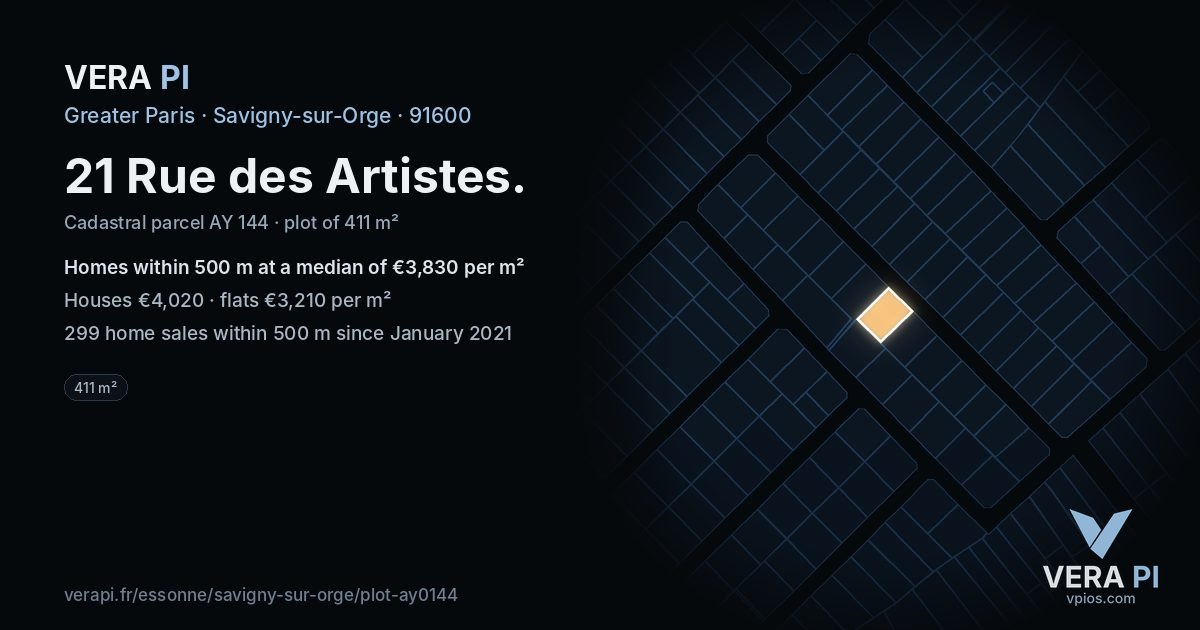 21 Rue des Artistes, Savigny-sur-Orge at night – the plot lit, the parcels around coloured by the prices near them