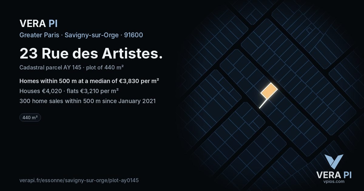 23 Rue des Artistes, Savigny-sur-Orge at night – the plot lit, the parcels around coloured by the prices near them