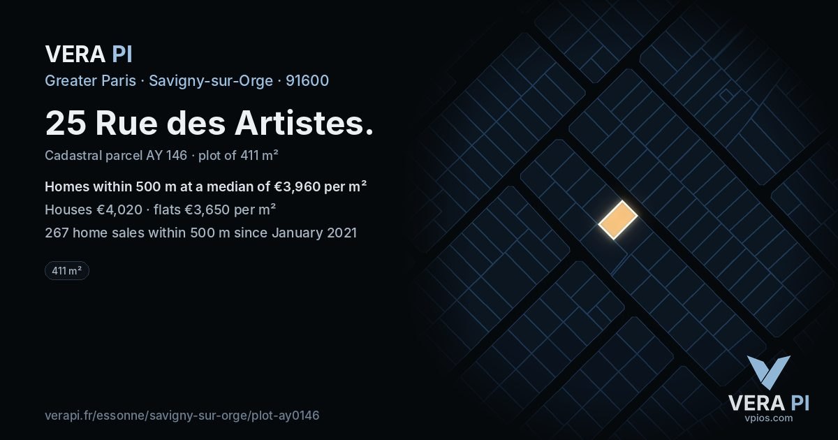 25 Rue des Artistes, Savigny-sur-Orge at night – the plot lit, the parcels around coloured by the prices near them