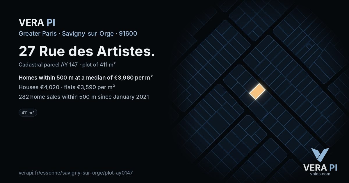 27 Rue des Artistes, Savigny-sur-Orge at night – the plot lit, the parcels around coloured by the prices near them