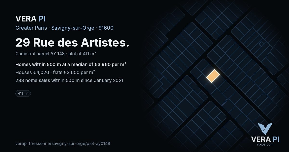 29 Rue des Artistes, Savigny-sur-Orge at night – the plot lit, the parcels around coloured by the prices near them