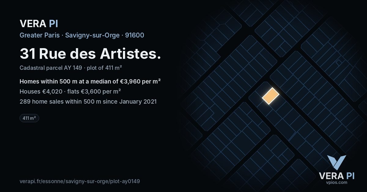 31 Rue des Artistes, Savigny-sur-Orge at night – the plot lit, the parcels around coloured by the prices near them