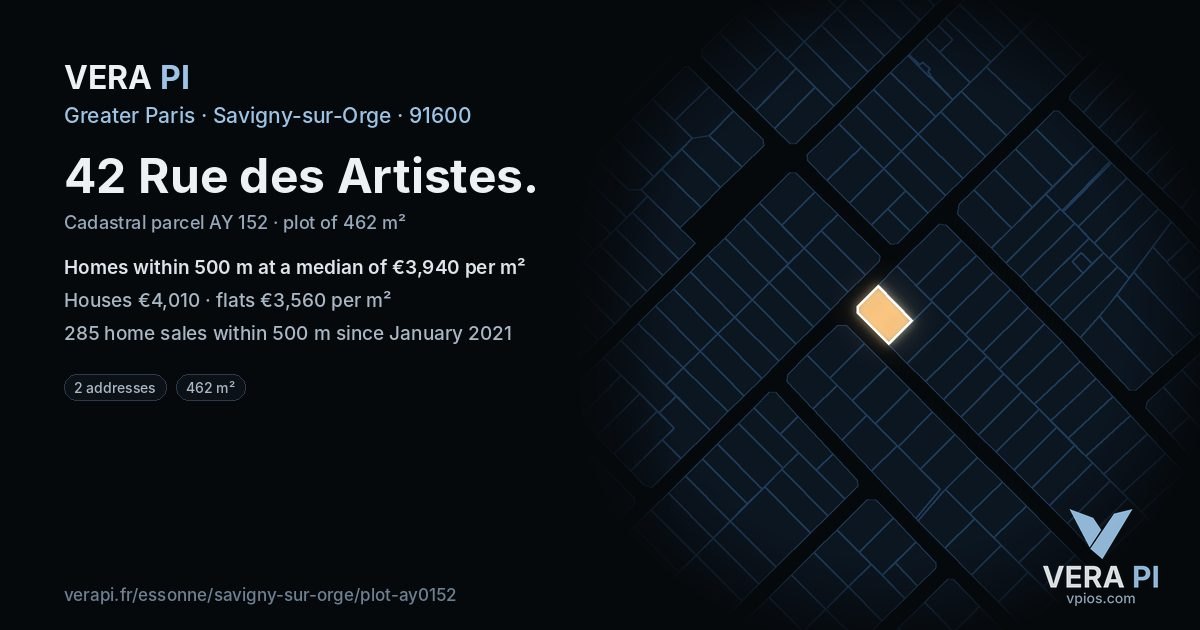 42 Rue des Artistes, Savigny-sur-Orge at night – the plot lit, the parcels around coloured by the prices near them