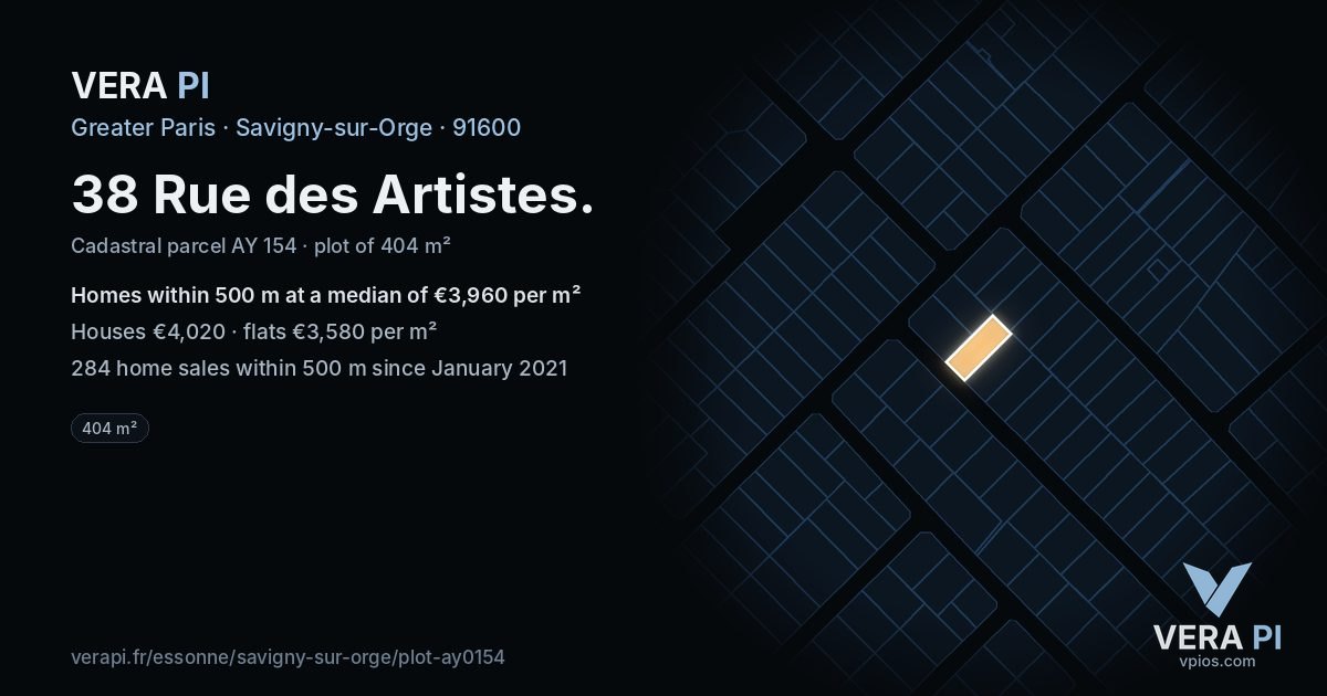 38 Rue des Artistes, Savigny-sur-Orge at night – the plot lit, the parcels around coloured by the prices near them