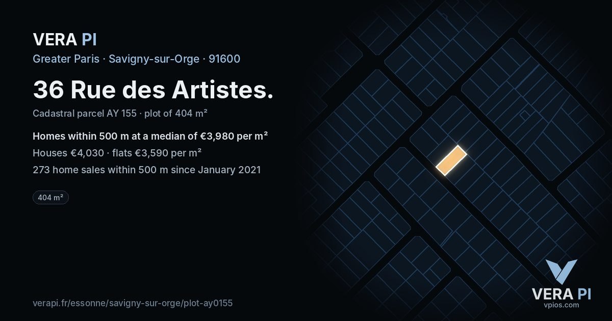 36 Rue des Artistes, Savigny-sur-Orge at night – the plot lit, the parcels around coloured by the prices near them