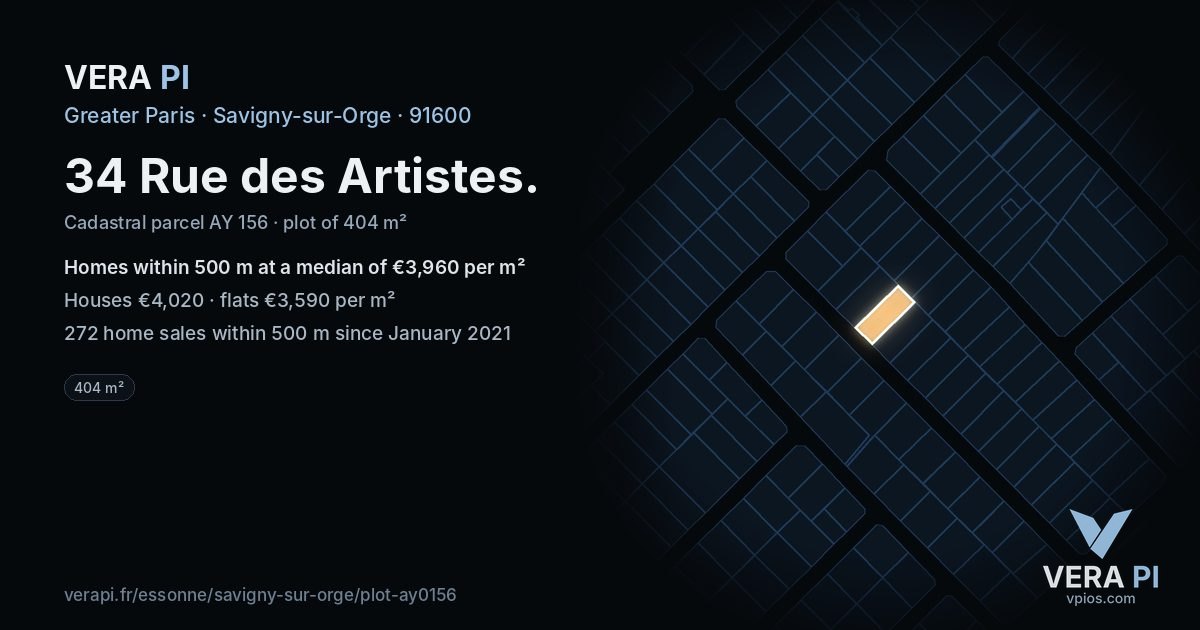 34 Rue des Artistes, Savigny-sur-Orge at night – the plot lit, the parcels around coloured by the prices near them