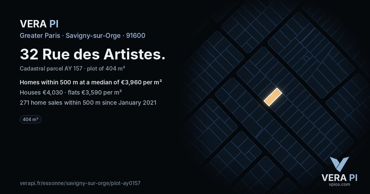32 Rue des Artistes, Savigny-sur-Orge at night – the plot lit, the parcels around coloured by the prices near them