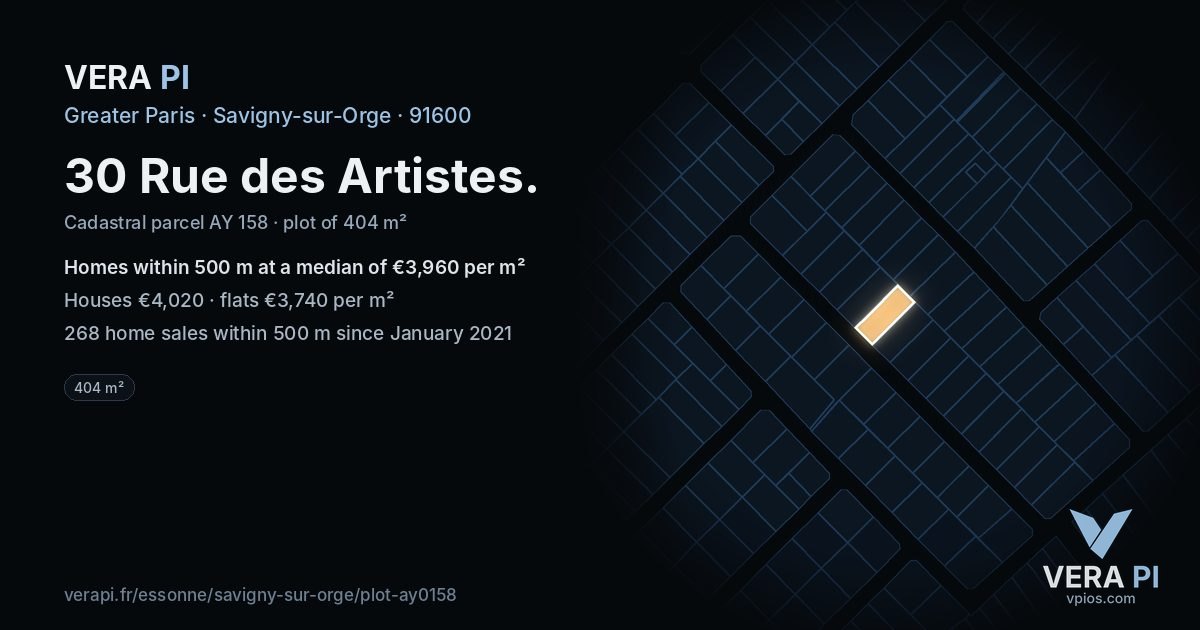 30 Rue des Artistes, Savigny-sur-Orge at night – the plot lit, the parcels around coloured by the prices near them