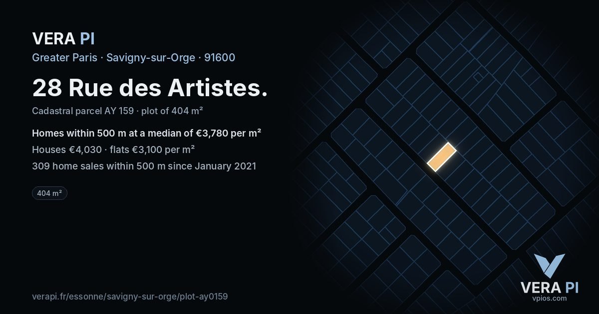 28 Rue des Artistes, Savigny-sur-Orge at night – the plot lit, the parcels around coloured by the prices near them