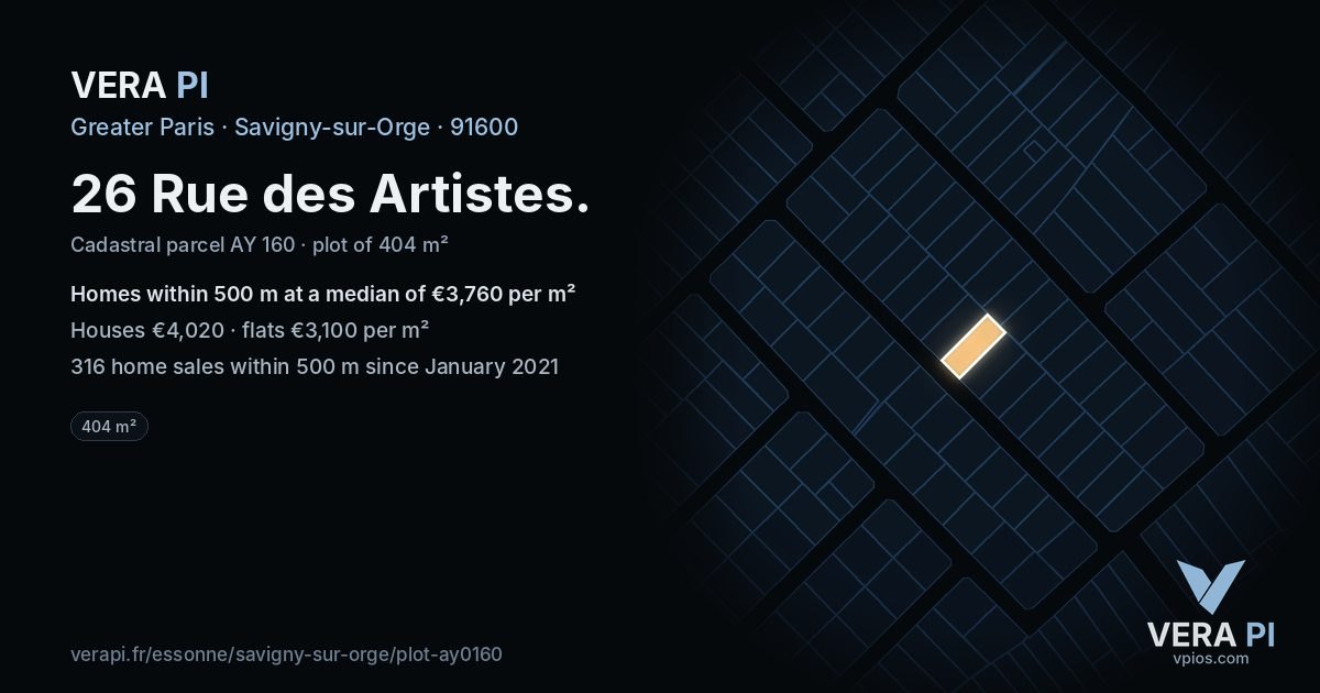 26 Rue des Artistes, Savigny-sur-Orge at night – the plot lit, the parcels around coloured by the prices near them