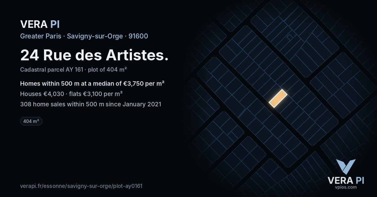 24 Rue des Artistes, Savigny-sur-Orge at night – the plot lit, the parcels around coloured by the prices near them