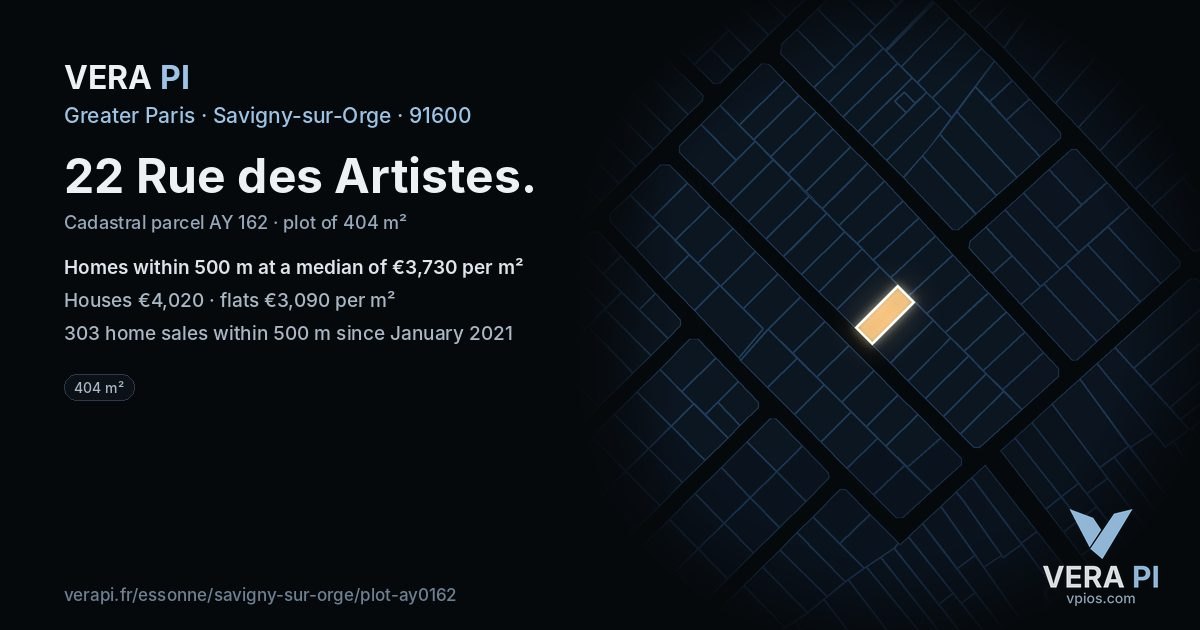 22 Rue des Artistes, Savigny-sur-Orge at night – the plot lit, the parcels around coloured by the prices near them
