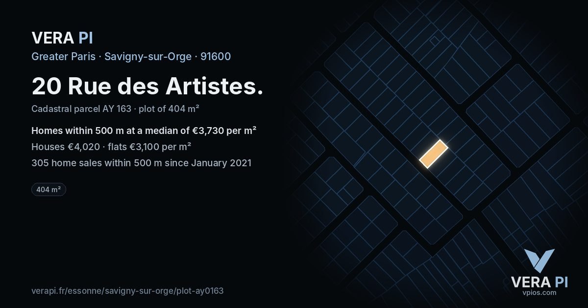 20 Rue des Artistes, Savigny-sur-Orge at night – the plot lit, the parcels around coloured by the prices near them