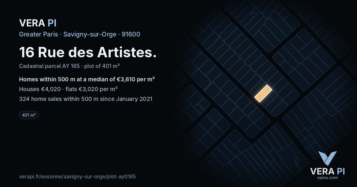 16 Rue des Artistes, Savigny-sur-Orge at night – the plot lit, the parcels around coloured by the prices near them