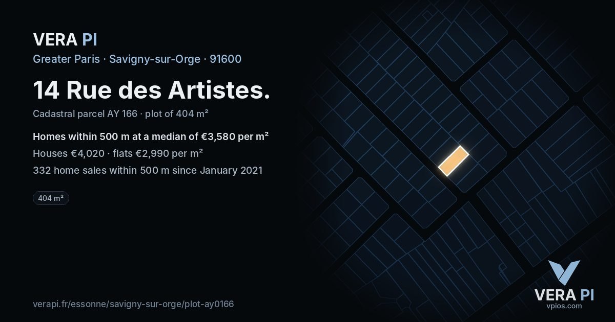 14 Rue des Artistes, Savigny-sur-Orge at night – the plot lit, the parcels around coloured by the prices near them