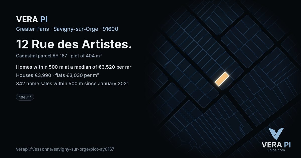 12 Rue des Artistes, Savigny-sur-Orge at night – the plot lit, the parcels around coloured by the prices near them