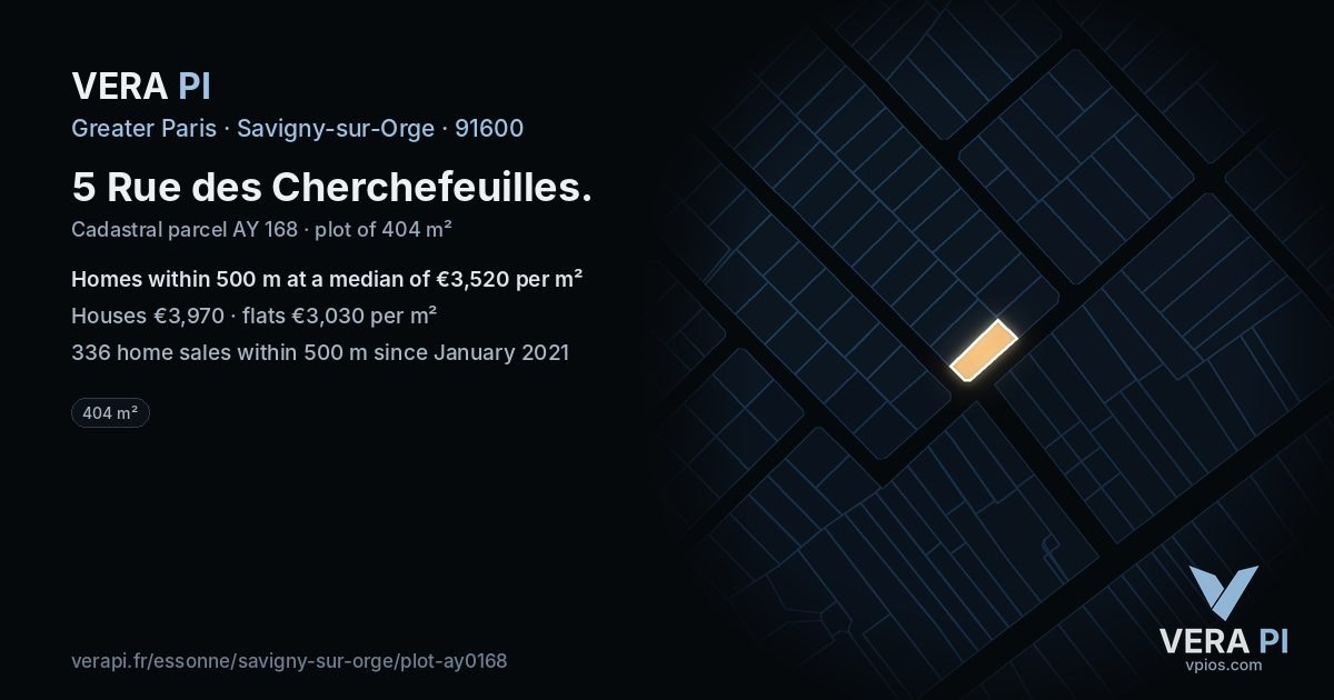 5 Rue des Cherchefeuilles, Savigny-sur-Orge at night – the plot lit, the parcels around coloured by the prices near them