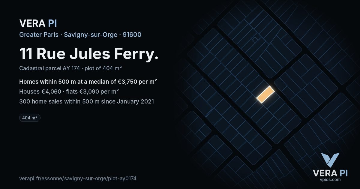 11 Rue Jules Ferry, Savigny-sur-Orge at night – the plot lit, the parcels around coloured by the prices near them