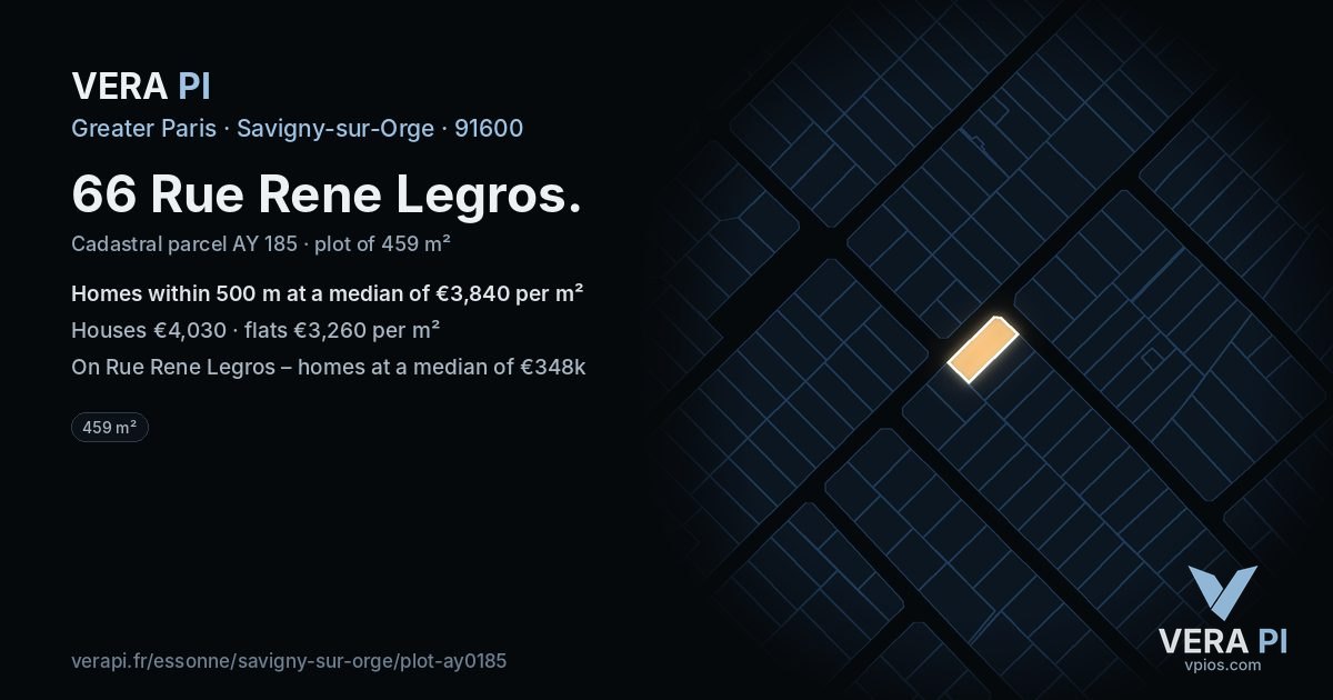 66 Rue Rene Legros, Savigny-sur-Orge at night – the plot lit, the parcels around coloured by the prices near them